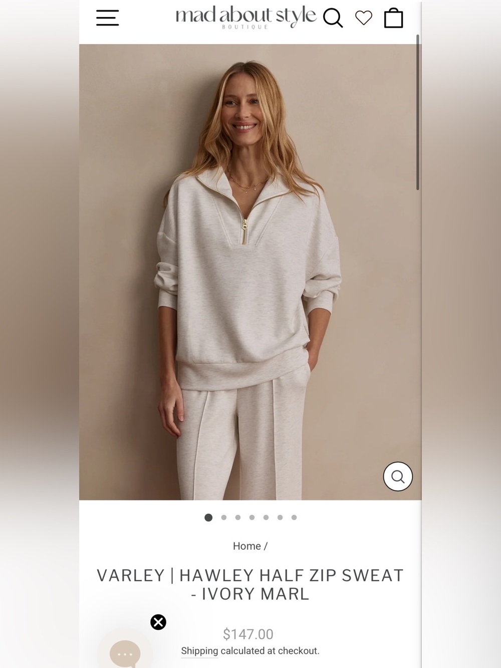 Varley Hawley Half zip sweat Ivory Marl